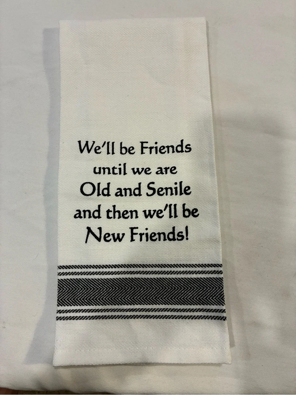 Novelty Tea Towel W/ Black Text Multi Stripe Detail 100% Cotton NEW W/ Tags